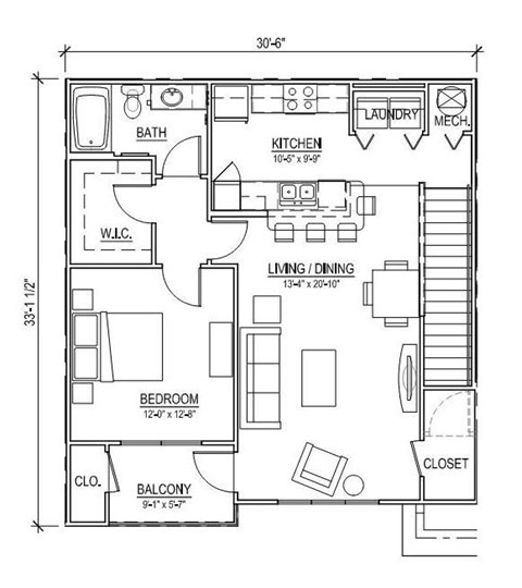 Floor plan for 1 bed, 1 bath, 995 sqft